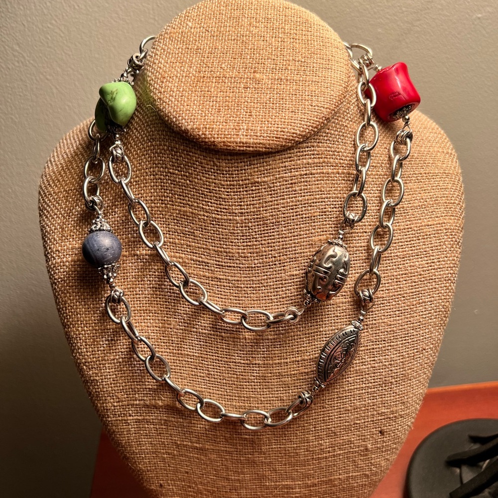 Silver 18” Chain Necklace with Colorful Accents